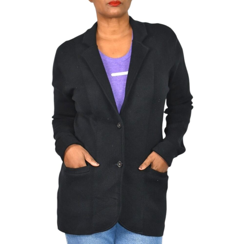 J Crew Factory Sweater Blazer Black Cardigan Knit Collared Cotton Pockets Medium